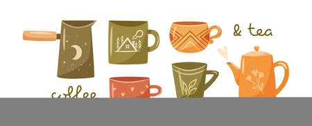 Hygge cups set. Collection of cute cozy coffee and tea cups, teapot, cezve. Flat vector illustrationのイラスト素材