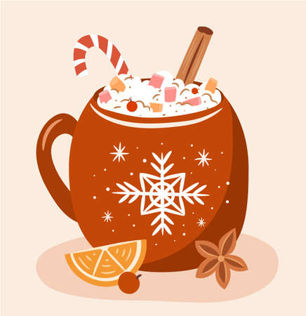 Christmas mug with winter hot drink. Isolated cozy cup with cocoa and marshmellow. Hand drawn flat illustrationのイラスト素材