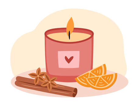 Hygge time. Cozy home composition with aroma candle, cinnamon, orange slices. Hand drawn vector illustrationのイラスト素材