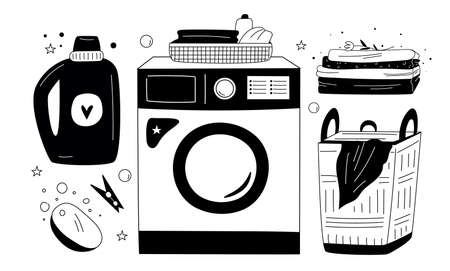 Laundry objects doodle set. Cute hand drawn vector illustration. Lineartのイラスト素材