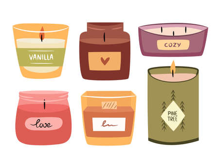Hygge set of scented aroma candles in jar. Collection of cozy candles. Flat vector illustration.のイラスト素材