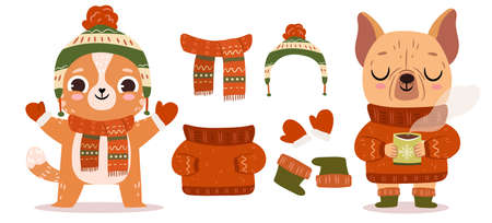 Cute winter cat and dog in christmas clothes. Children vector illustrationのイラスト素材