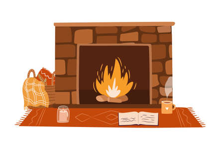 Cozy fireplace isolated on white background. Reading nook near fireplace concept. Vector flat illustrationのイラスト素材