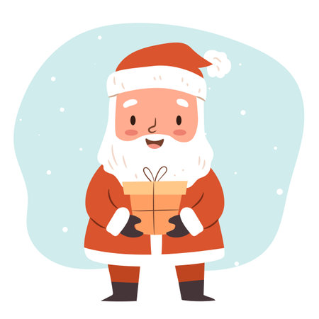 Cute Santa with a present. Flat vector character for Merry Christmas postcard, greeting card design.のイラスト素材
