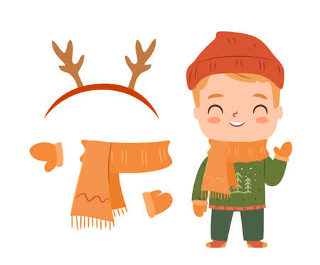 Boy in winter sweater. Set of winter clothes. Vector flat character illustrationのイラスト素材