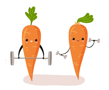 Cute carrot characters exercising. Couple of cartoon carrots.のイラスト素材