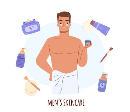 Men skincare routine concept. Happy young guy in towel holding a product in hand.のイラスト素材