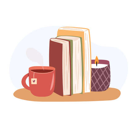 Stack of books and tea composition. Cozy sceneのイラスト素材