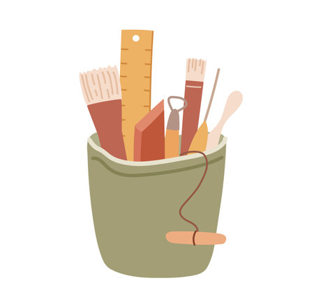 Pottery tools organized in a pot. Set of clay handcraft instumentsのイラスト素材