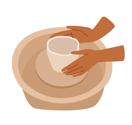 Closeup of craftsman hands on pottery wheel making a pot out of clay. Vector illustration isolated on white.のイラスト素材
