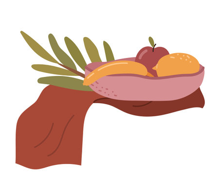 Cozy composition with fruits in bowl, with plant decoration isolated on white. Vector illustrationのイラスト素材