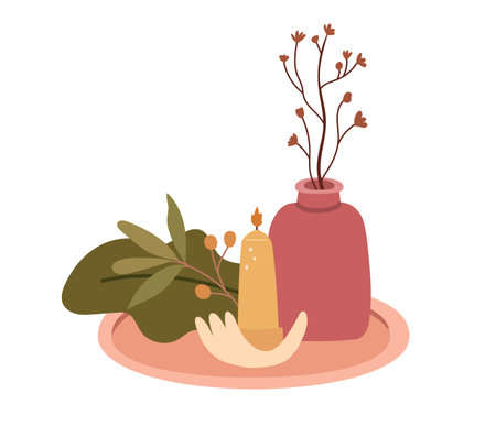 Cozy home composition with flowers in ceramic vase, candle in hand made holder and plant on trayのイラスト素材