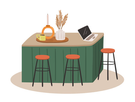 Cozy kitchen island. Table with decor on it and laptop. Working from kitchen conceptのイラスト素材