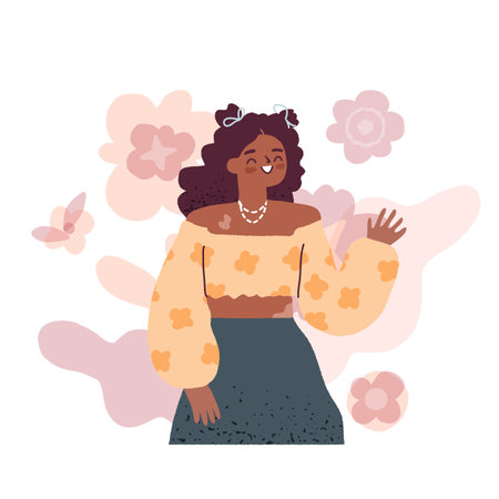 Smiling hand drawn girl with vitiligo waving with a hand. Stylish African-American girlのイラスト素材