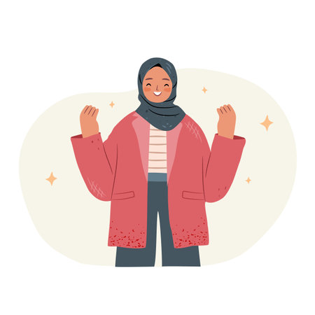 Happy successful girl in hijab showing yeah positive gestures with handsのイラスト素材