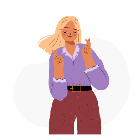 Superstitious young woman makes a hopeful gestures with fingers crossed. Hand drawn illustrationのイラスト素材