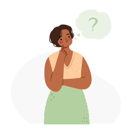POC woman in a thinking pose, in doubt and looking for solutionのイラスト素材