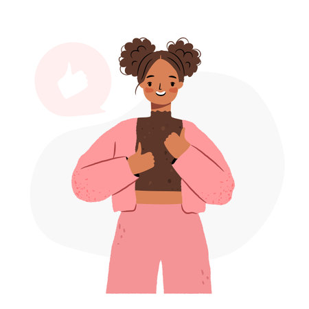 Hand drawn happy girl with thumbs up gesture. African American womanのイラスト素材