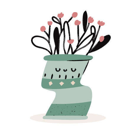Cute flowers in a pot with doodle kawaii face. Textured hand drawn isolated flowersのイラスト素材