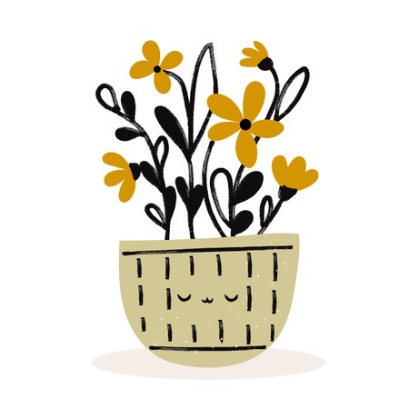 Adorable flowerpot with doodle kawaii face. Textured hand drawn isolated illustrationのイラスト素材