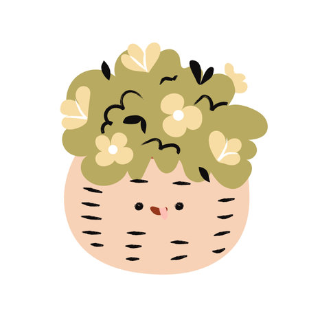 Abstract flowerpot with a cute doodle face. Textured hand drawn isolated flowersのイラスト素材