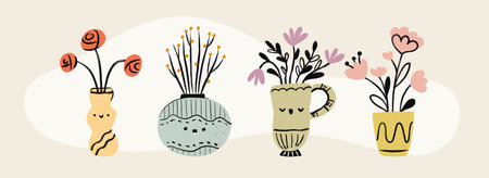 Set of cute doodle flowers in a vases with doodle kawaii face. Textured hand drawn isolated flowersのイラスト素材
