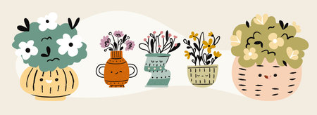 Abstract doodle flowers in a vases with kawaii face set. Textured hand drawn isolated flowersのイラスト素材