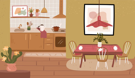 Cozy kitchen interior in modern mid-century style. Flat hand drawn banner illustration of dining room and kitchenのイラスト素材