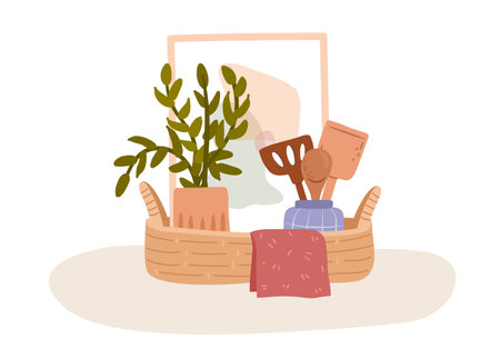 Cozy kitchen utensils isolated. Hand drawn illustration of utensils, plant, wall print and napkinのイラスト素材