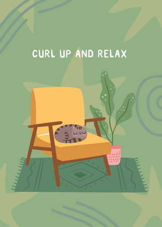 Cozy hand-drawn poster featuring a joyful cat relaxing in chair. Self-care and comfort in a homey setting.のイラスト素材