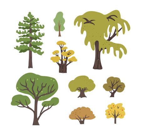 Isolated vector set of diverse trees in a flat, hand-drawn style. Includes oak, pine, and maplesのイラスト素材