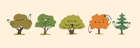 Set of cute diverse isolated trees with emotions.のイラスト素材