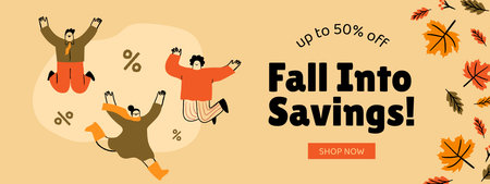 Autumn sale banner with happy quirky characters.のイラスト素材