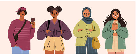 A diverse group of students illustrated in a modern, flat style