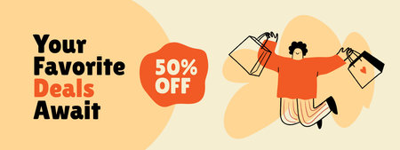 Sale banner with a happy quirky man holding shopping bags.のイラスト素材