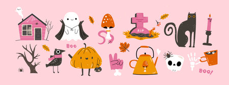 Retro cute Halloween illustration setのイラスト素材