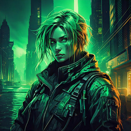 Futuristic girl in a futuristic city. 3D rendering.の素材