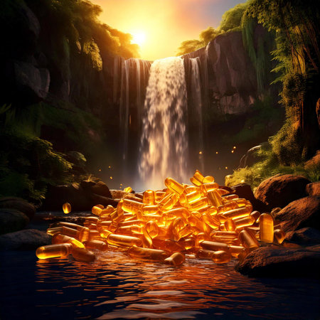 Fish oil capsules on the background of a waterfall. 3d renderingの素材