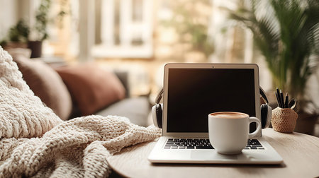 Cozy study zone with headphone, coffee, laptop, and muted background. Perfect for remote learning and digital education.