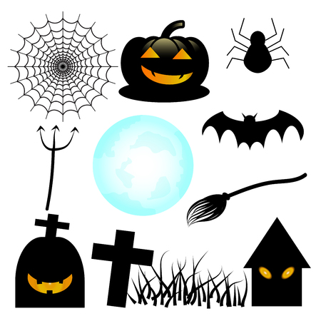 Halloween silhouettes set have  pumpkin ,spider sticker , bat, vector icons.の写真素材