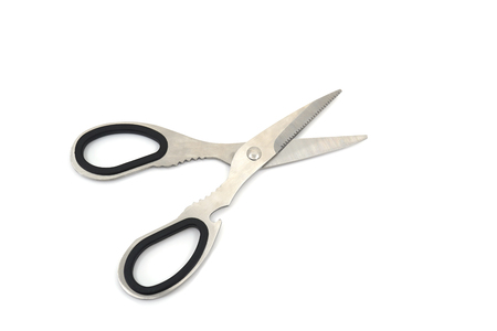 Black steel scissors isolated on white background.の写真素材