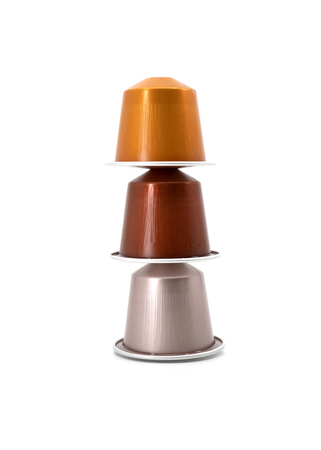 Espresso coffee capsules isolated on white background, mix of colored.の写真素材