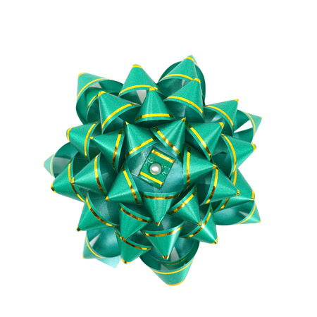 Green ribbon bow isolated in white background.の写真素材
