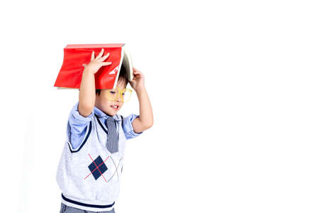little boy play with phone on white background.