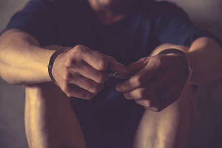 sad woman sit alone feeling bad.の写真素材