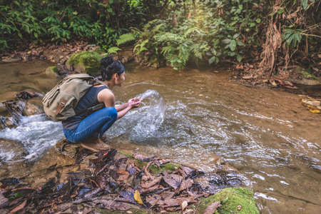 Hiker woman attractive traveler adventure wilderness.の写真素材