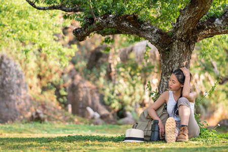 Hiker woman attractive traveler adventure wilderness.の写真素材