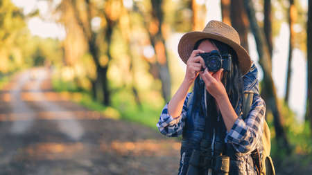 Hiker woman attractive traveler adventure wilderness.の写真素材