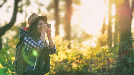 Hiker woman attractive traveler adventure wilderness.の写真素材