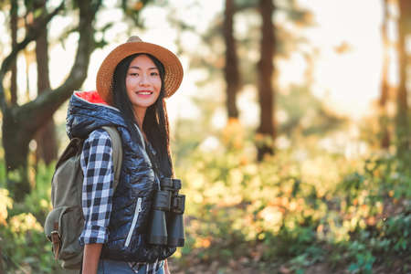 Hiker woman attractive traveler adventure wilderness.の写真素材